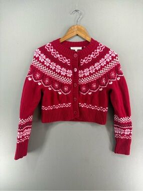 Love shack fancy Shantae Wool Fair Isle Cardigan Merino Wool XS Red